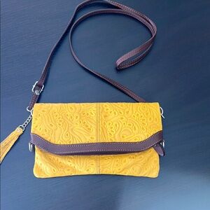 Chic Yellow and Brown Genuine Lather from Italy Embossed Crossbody Bag